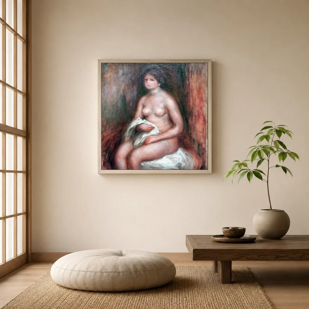 Framed print of The Woman with Drapery hanging on a wall in a furnished room