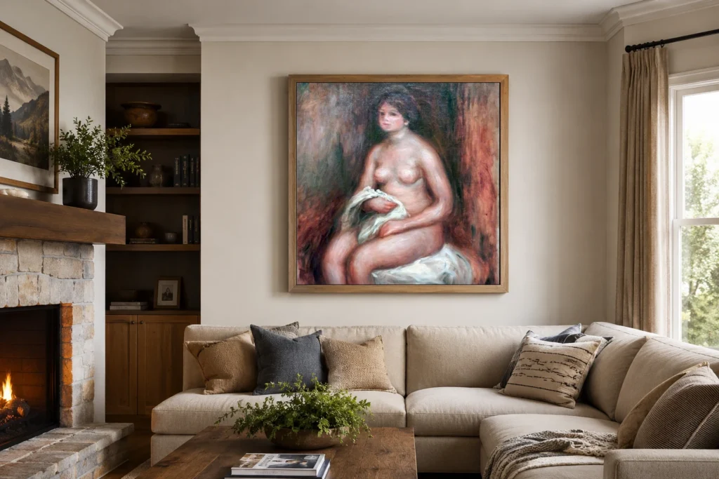 Framed print of The Woman with Drapery hanging on a wall in a furnished room
