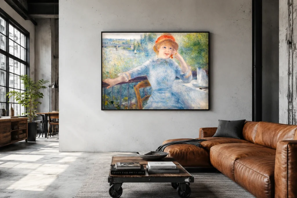 Framed print of Alphonsine Fournaise hanging on a wall in a furnished room