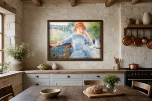 Framed print of Alphonsine Fournaise hanging on a wall in a furnished room