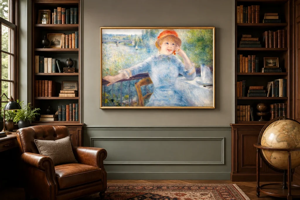 Framed print of Alphonsine Fournaise hanging on a wall in a furnished room