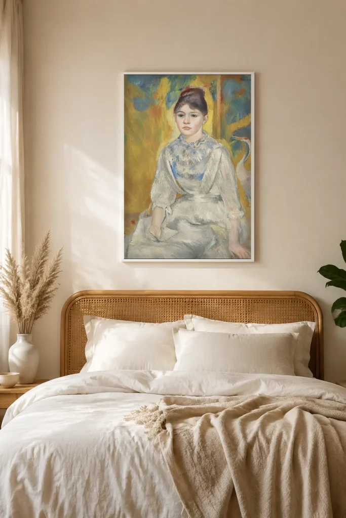 Framed print of The Girl with the Heron hanging on a wall in a furnished room