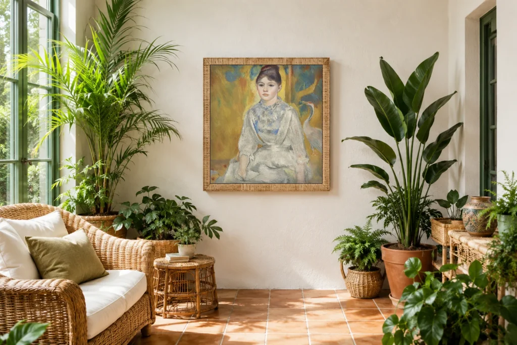 Framed print of The Girl with the Heron hanging on a wall in a furnished room