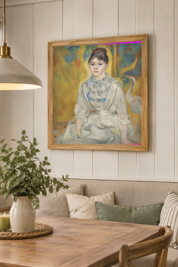 Framed print of The Girl with the Heron hanging on a wall in a furnished room