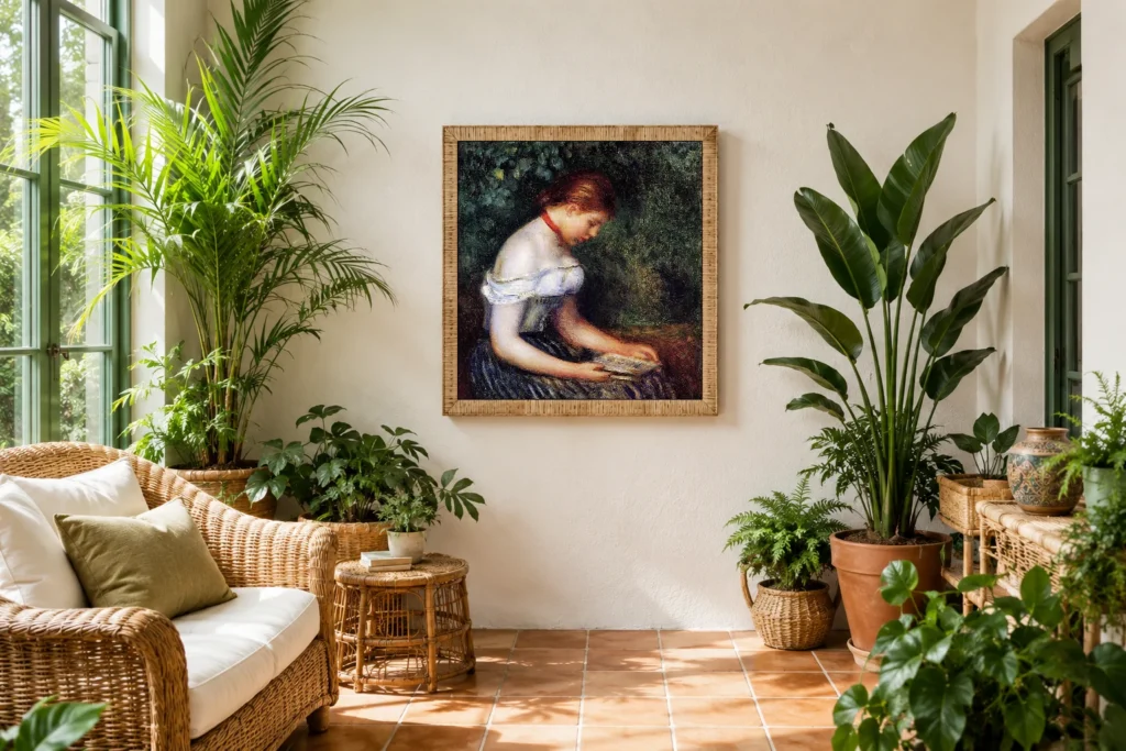 Framed print of The Reader, Seated Woman hanging on a wall in a furnished room