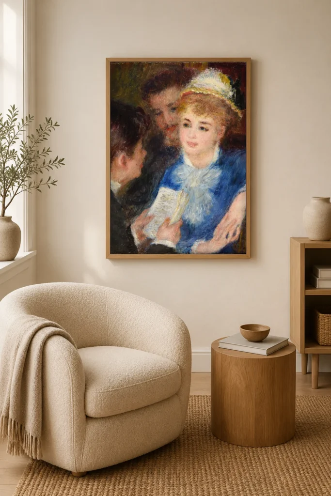 Framed print of La lecture du rôle hanging on a wall in a furnished room