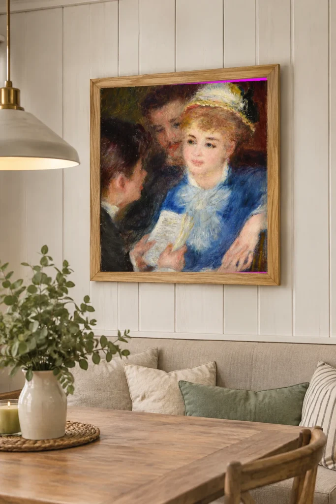 Framed print of La lecture du rôle hanging on a wall in a furnished room