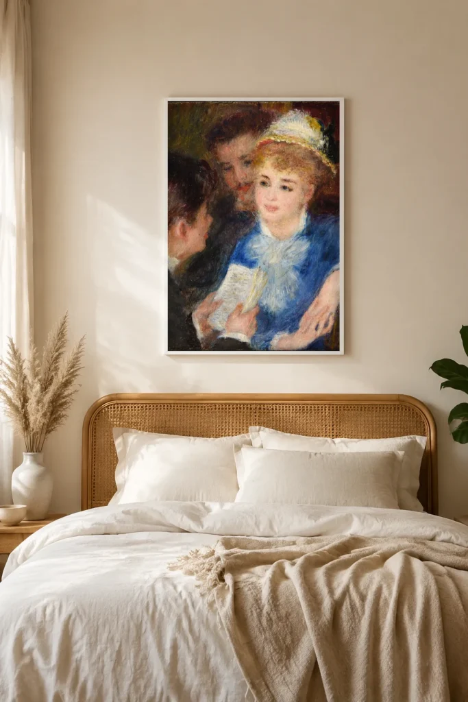 Framed print of La lecture du rôle hanging on a wall in a furnished room