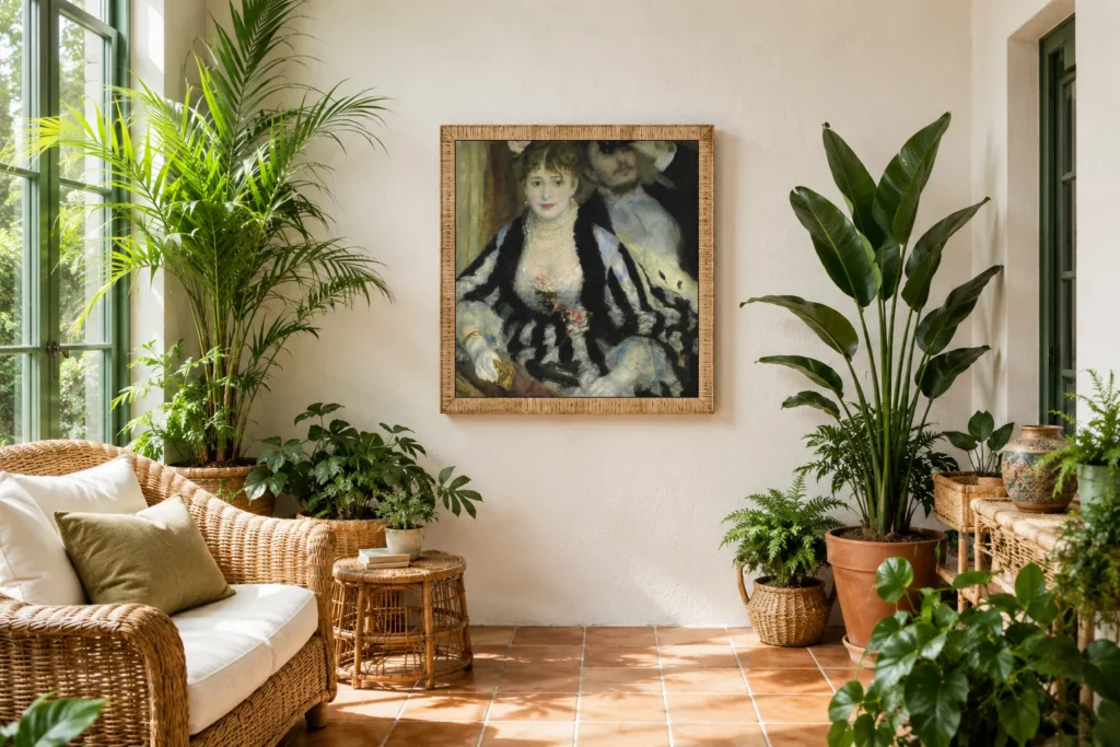 Framed print of La loge hanging on a wall in a furnished room