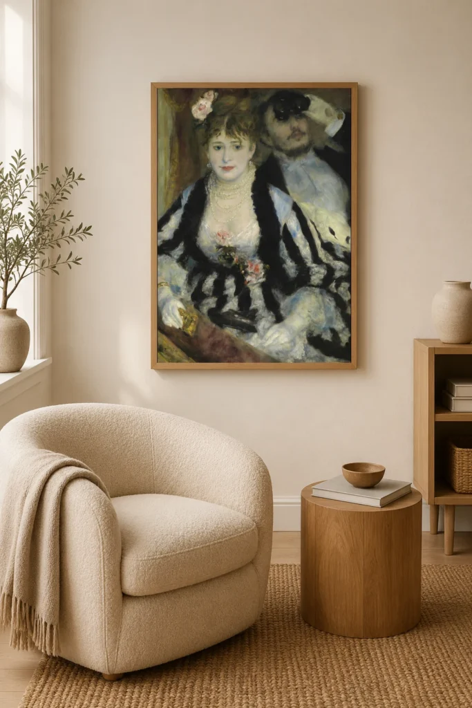 Framed print of La loge hanging on a wall in a furnished room