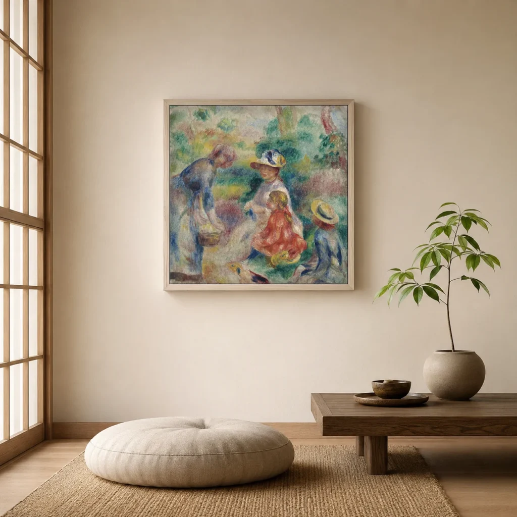 Framed print of The Apple Seller hanging on a wall in a furnished room