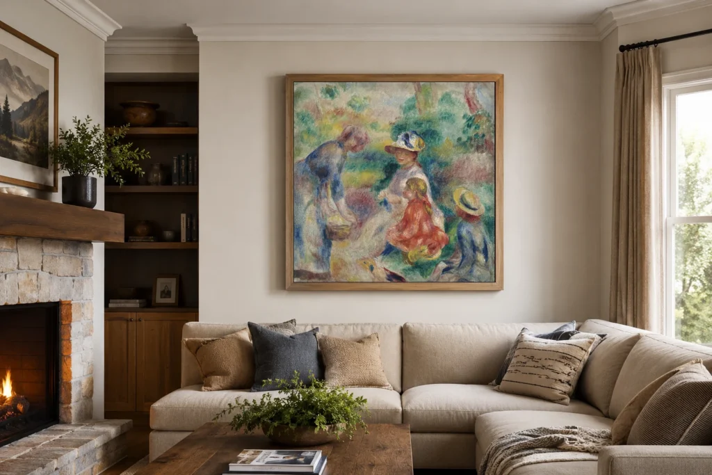Framed print of The Apple Seller hanging on a wall in a furnished room