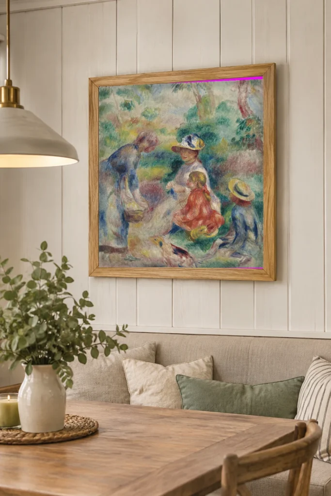 Framed print of The Apple Seller hanging on a wall in a furnished room