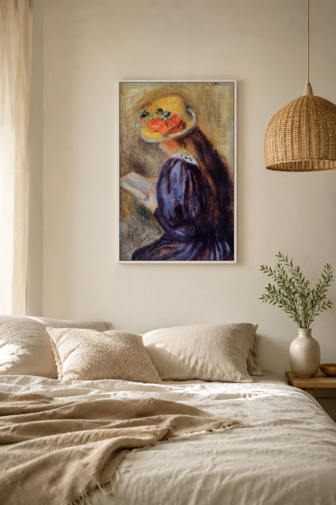 Framed print of The Little Reader in Blue hanging on a wall in a furnished room