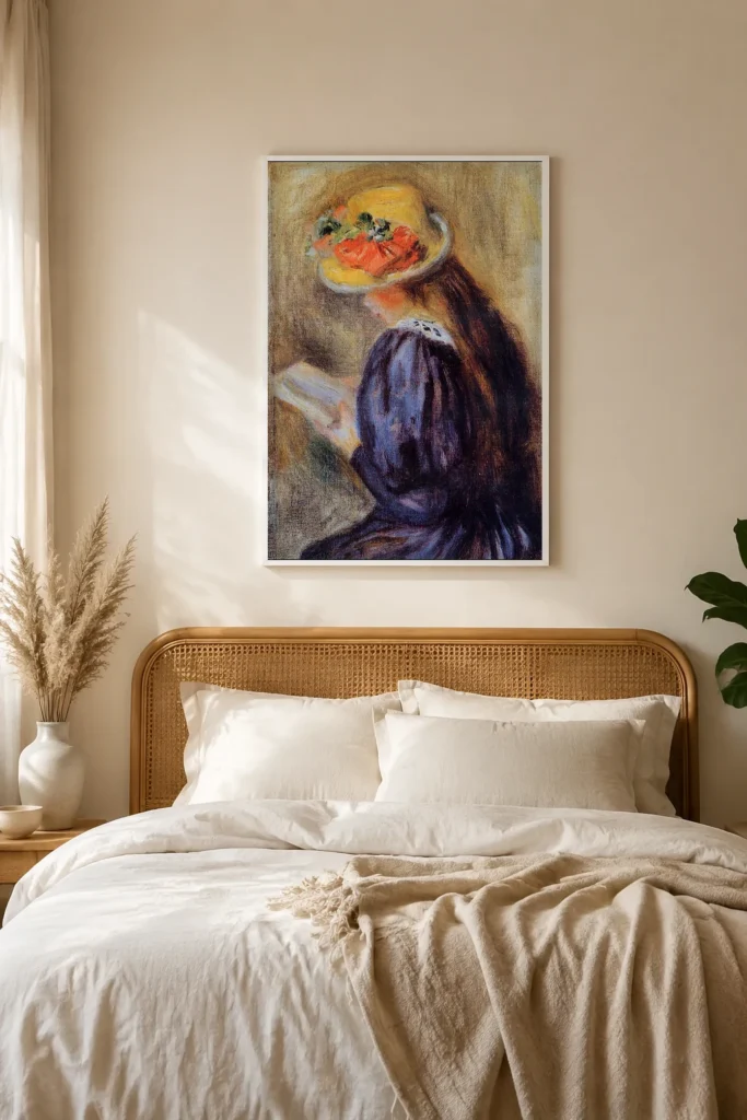 Framed print of The Little Reader in Blue hanging on a wall in a furnished room