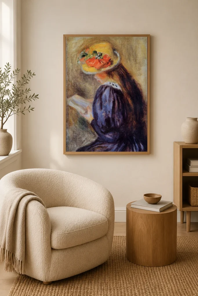 Framed print of The Little Reader in Blue hanging on a wall in a furnished room