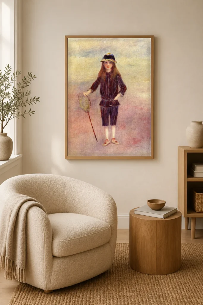 Framed print of The Little Fisherwoman hanging on a wall in a furnished room