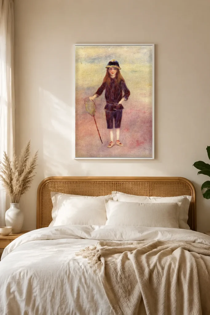 Framed print of The Little Fisherwoman hanging on a wall in a furnished room