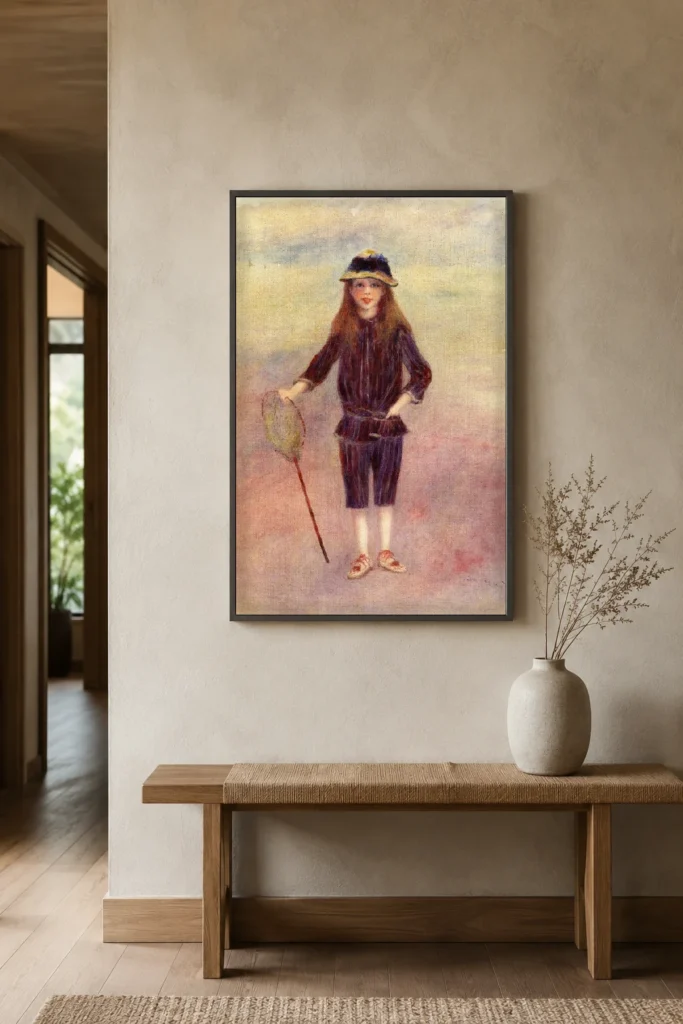 Framed print of The Little Fisherwoman hanging on a wall in a furnished room