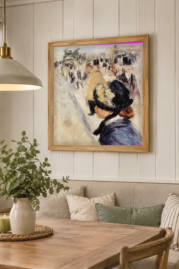 Framed print of Place Pigalle hanging on a wall in a furnished room