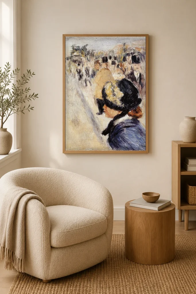 Framed print of Place Pigalle hanging on a wall in a furnished room