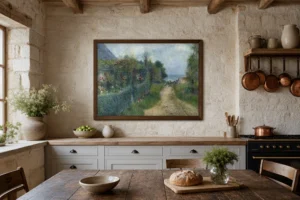 Framed print of The Road at Wargemont hanging on a wall in a furnished room