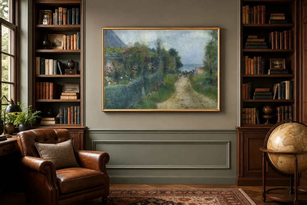 Framed print of The Road at Wargemont hanging on a wall in a furnished room