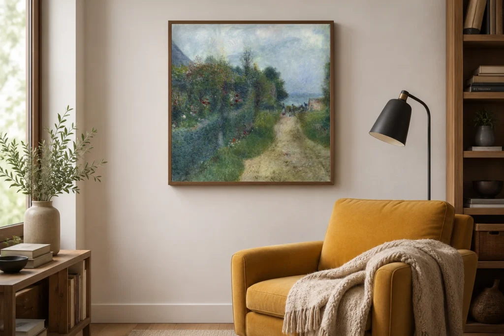 Framed print of The Road at Wargemont hanging on a wall in a furnished room