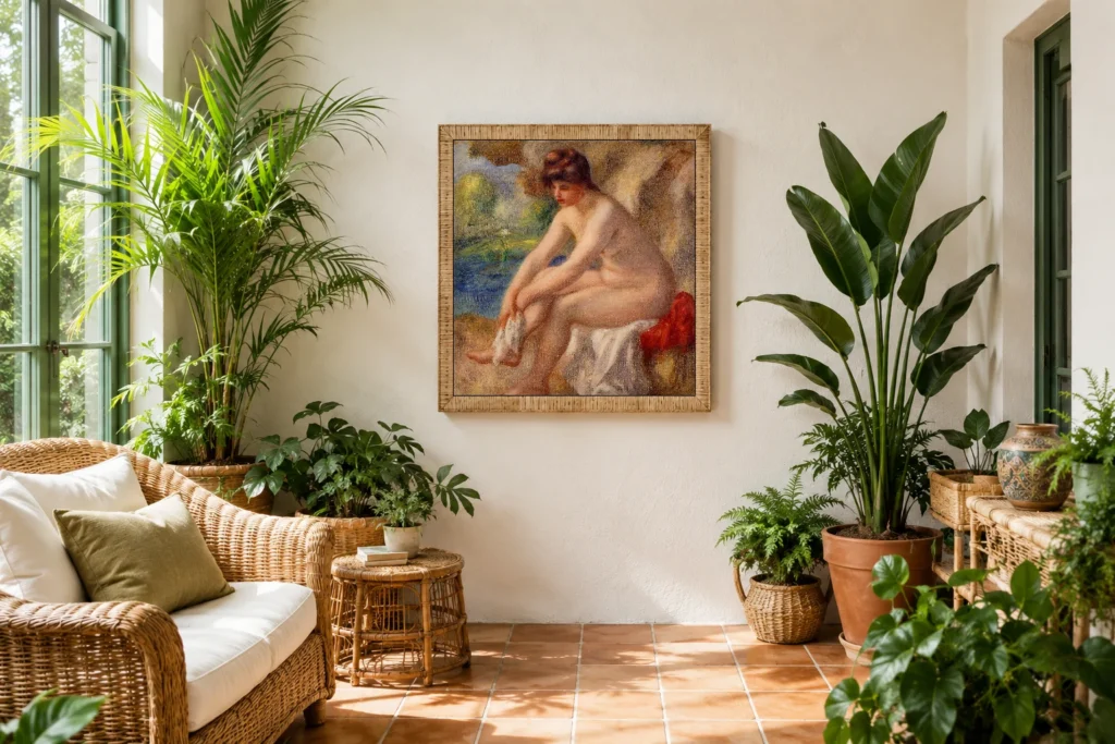 Framed print of The Bath, Woman with a Chignon hanging on a wall in a furnished room