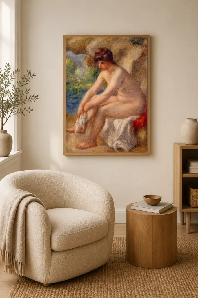 Framed print of The Bath, Woman with a Chignon hanging on a wall in a furnished room