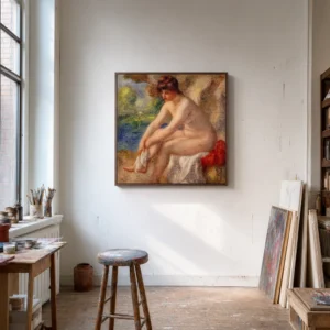 Framed print of The Bath, Woman with a Chignon hanging on a wall in a furnished room