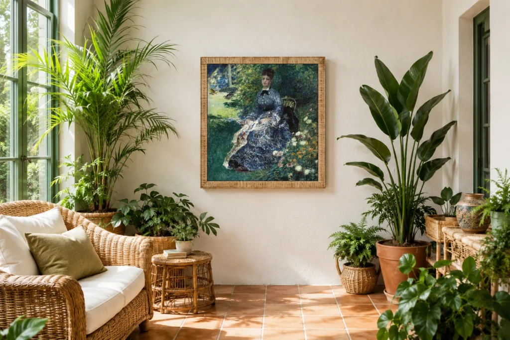 Framed print of The Tapestry in the Park hanging on a wall in a furnished room