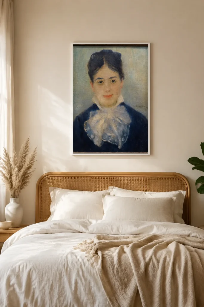 Framed print of Lady Smiling (Portrait of Alphonsine Fournaise) hanging on a wall in a furnished room