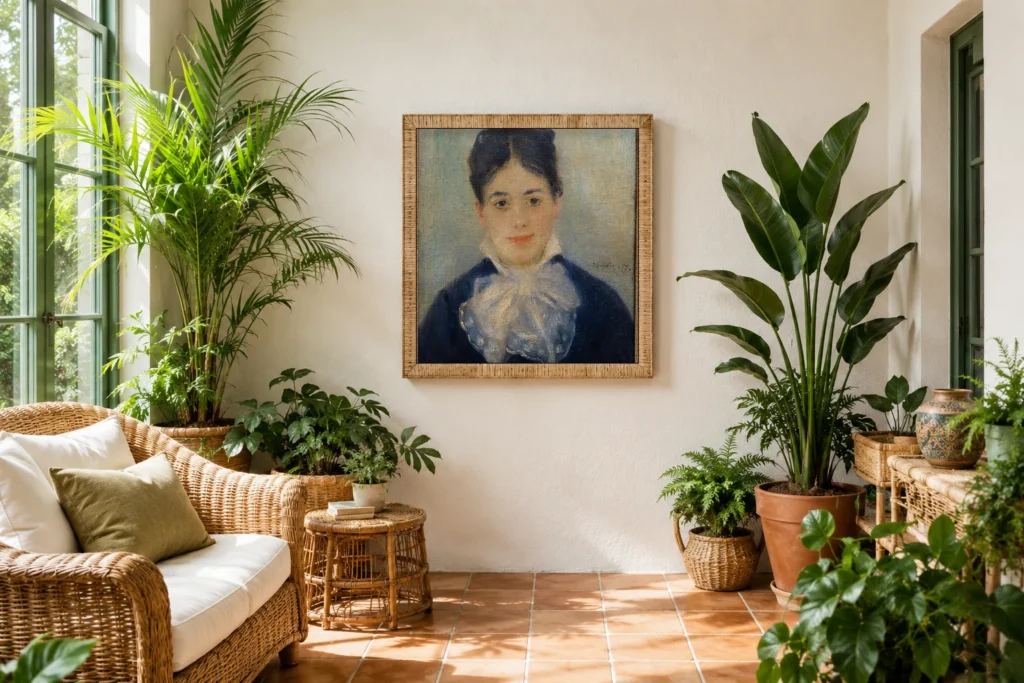 Framed print of Lady Smiling (Portrait of Alphonsine Fournaise) hanging on a wall in a furnished room