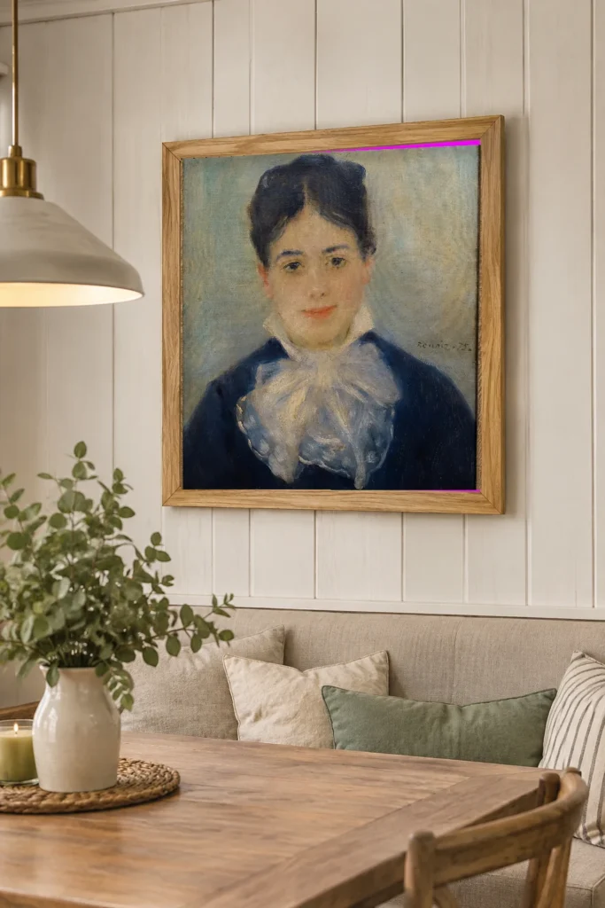 Framed print of Lady Smiling (Portrait of Alphonsine Fournaise) hanging on a wall in a furnished room