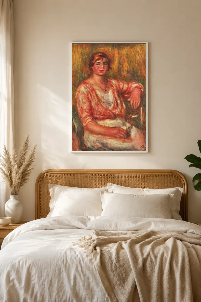 Framed print of Milkmaid hanging on a wall in a furnished room