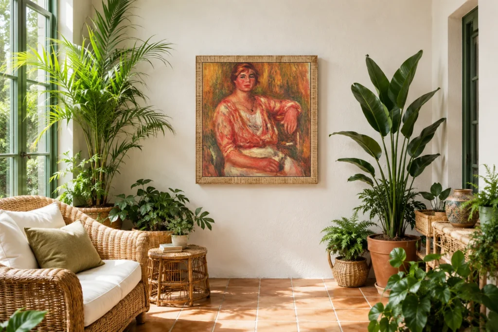 Framed print of Milkmaid hanging on a wall in a furnished room