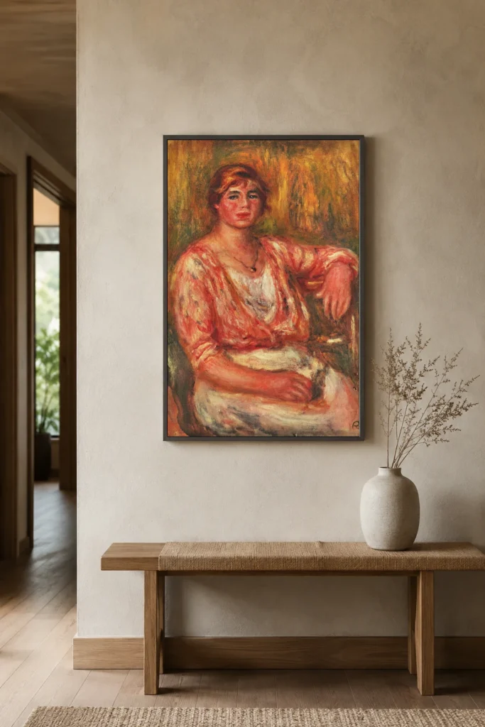 Framed print of Milkmaid hanging on a wall in a furnished room