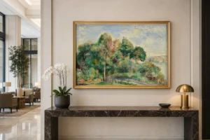 Framed print of Landscape hanging on a wall in a furnished room