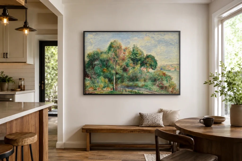 Framed print of Landscape hanging on a wall in a furnished room