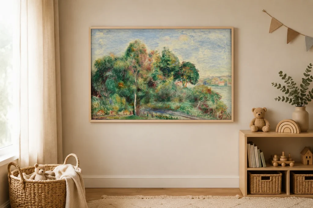 Framed print of Landscape hanging on a wall in a furnished room