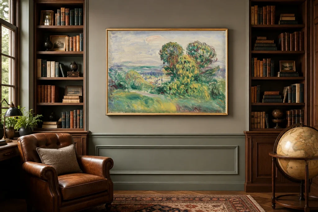 Framed print of Landscape hanging on a wall in a furnished room