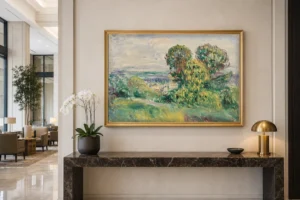 Framed print of Landscape hanging on a wall in a furnished room
