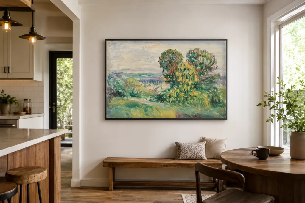 Framed print of Landscape hanging on a wall in a furnished room