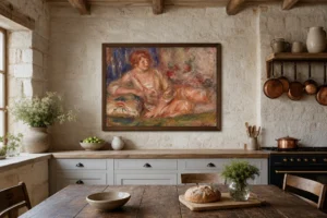 Framed print of Andrée in Pink, Reclining (Andrée en rose étendue) hanging on a wall in a furnished room