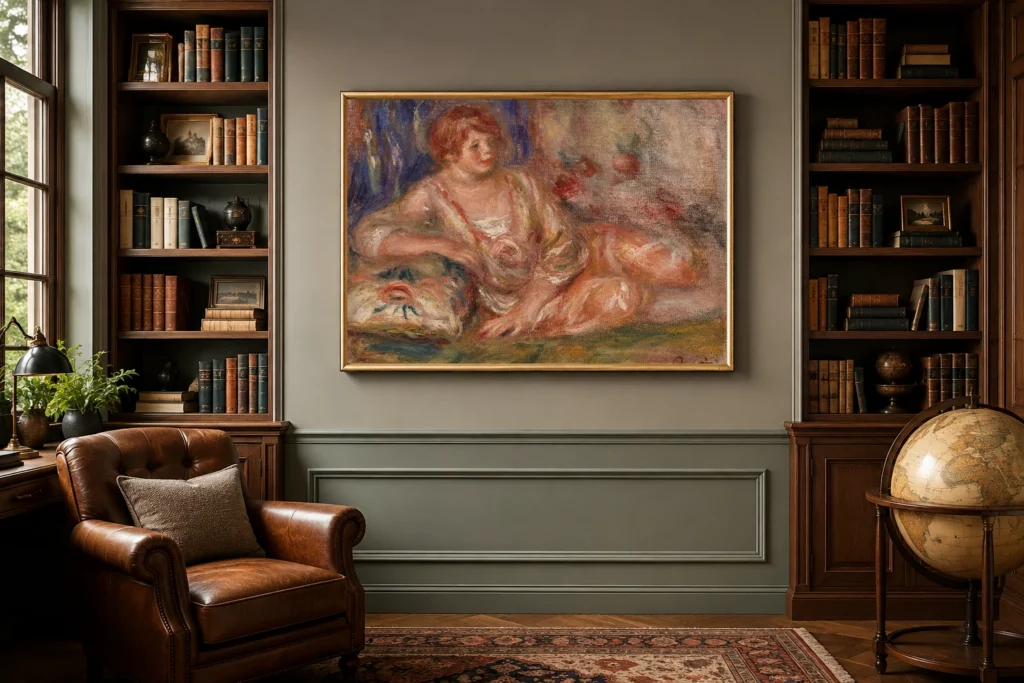 Framed print of Andrée in Pink, Reclining (Andrée en rose étendue) hanging on a wall in a furnished room