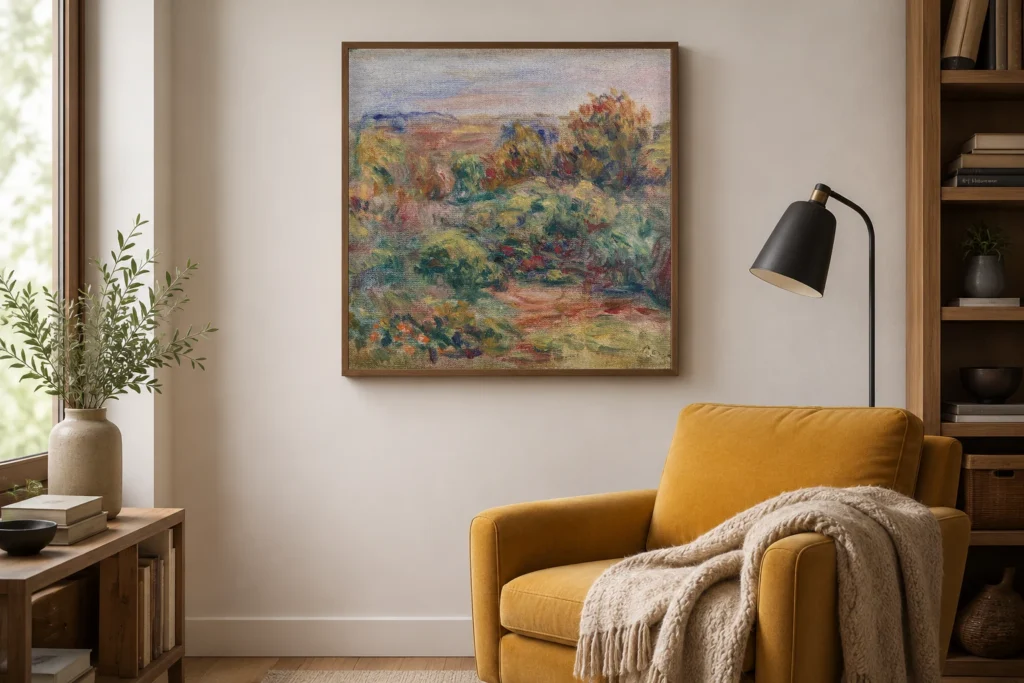 Framed print of Landscape (Paysage) hanging on a wall in a furnished room