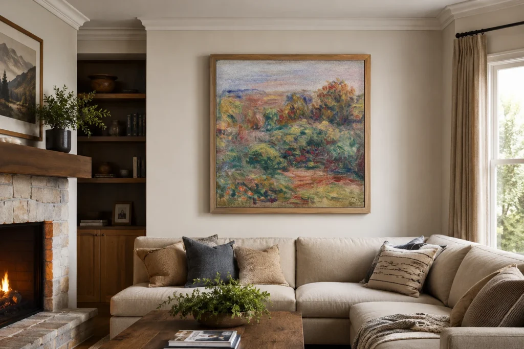 Framed print of Landscape (Paysage) hanging on a wall in a furnished room