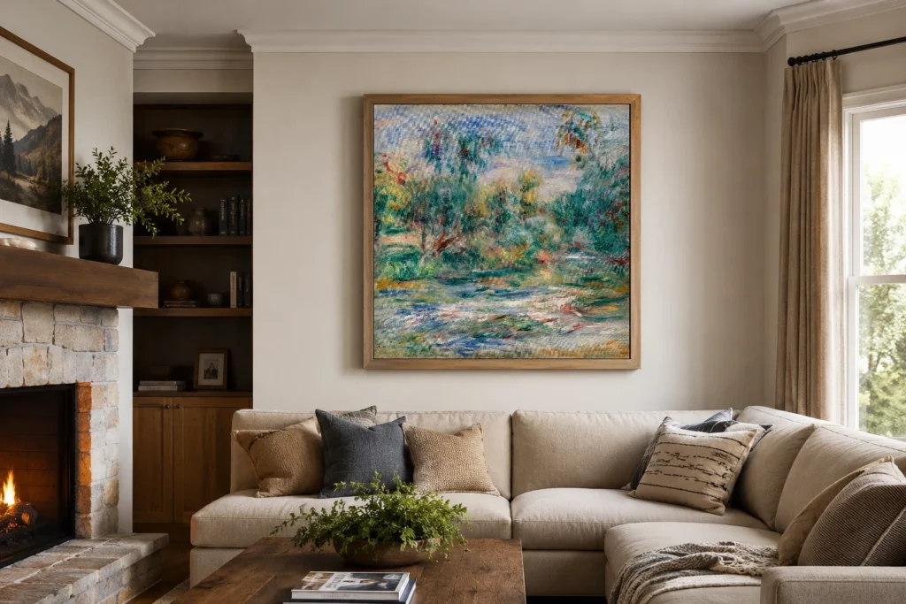 Framed print of Landscape (Paysage) hanging on a wall in a furnished room