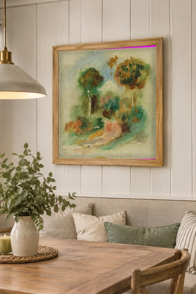 Framed print of Landscape (fragment) hanging on a wall in a furnished room